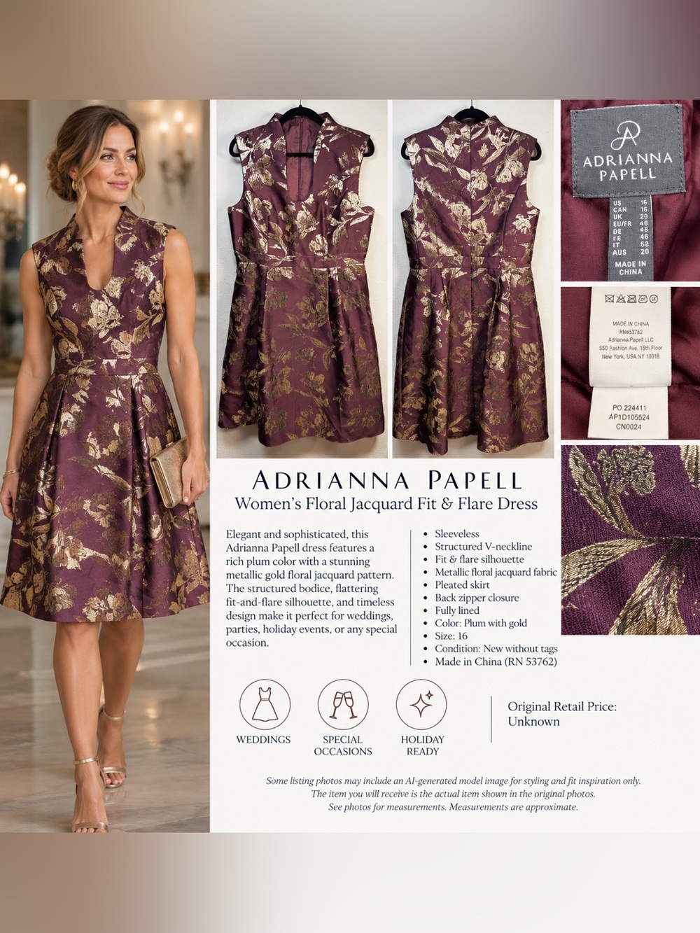 Adrianna Papell Metallic Gold Floral Jacquard Fit Flare Dress